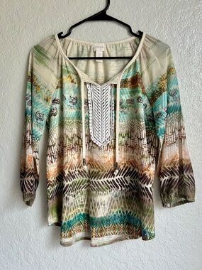 Chico's Green Multi-Pattern Crochet-Trim Peasant Top